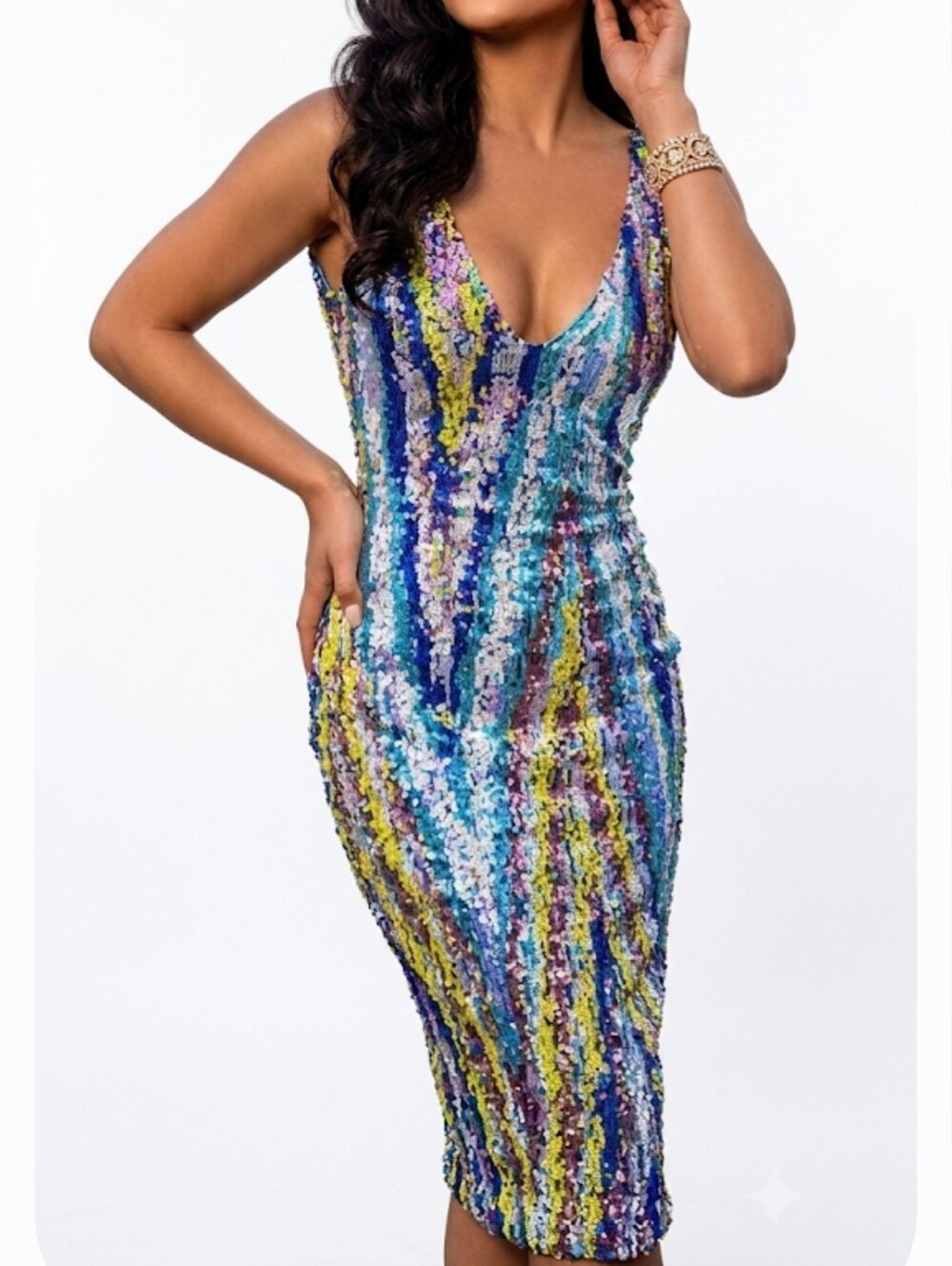 Angel Brinks Multicolor Sequin V-Neck Glitter Sparkle Embellished Dress Size M - Picture 13 of 13